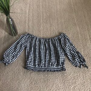 hollister off the shoulder plaid ruffle blouse